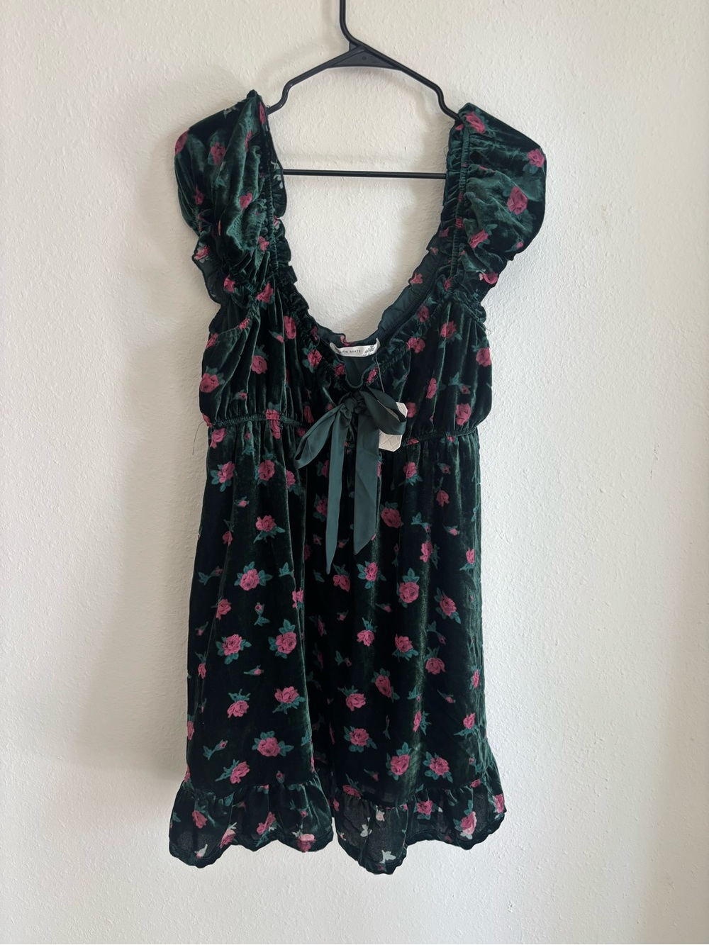 Altar'd State Dark Green Velvet Mini Dress with Pink Rose Print